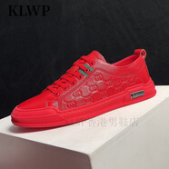 KLWP香港男鞋夏季新款真皮軟底休閑皮鞋新款百搭鞋子紅色鞋 紅色 40 【參考皮鞋尺碼下單】