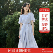 茵曼（INMAN）夏季法式收腰提花肌理女裝方領連衣裙文藝風泡泡袖裙子 藍色 L