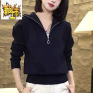 初徑歐洲站秋冬新款半拉鏈綿小眾針織衫女寬松百搭休閑長(cháng)袖套頭毛衣潮 黑色【人氣】 L 【人氣】 105-115