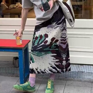 HOMME PLISSE ISSEY MIYAKE日本三宅褶皺長(zhǎng)裙夏季新款高腰顯瘦印花半身裙寬松百褶裙 屏開半裙 三宅一生 均碼 建議90-145斤左右 三宅一生