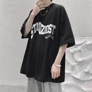 卡圖弛 衣服男夏季短袖t恤男寬松休閑套裝韓版潮流百搭五分半截袖男青少年美式復古運動(dòng)短褲一套上衣男裝 黑色短袖 2XL【建議130-145斤】