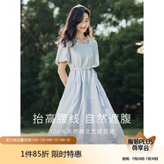 茵曼（INMAN）夏季法式收腰提花肌理女裝方領(lǐng)連衣裙文藝風(fēng)泡泡袖裙子 淺藍(lán)色 M