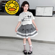 G.DUCKKIDS品牌童裝女童套裝夏季套裙兒童夏裝短袖T恤半身裙子兩件套中大童 2572款格子裙套裝 白色 120