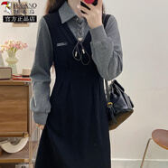 啄木鳥(niǎo)連衣裙大碼女裝2025夏季流行新款套裝裙秋冬加厚針織長(cháng)袖衛衣裙子 黑色 (華夫格針織面料) M 建議80-100斤