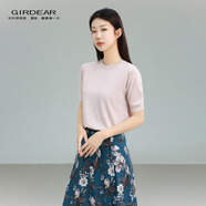 哥弟（GIRDEAR）女裝老錢風(fēng)上衣百搭純色顯瘦圓領(lǐng)舒適休閑短袖針織衫138010 藕粉色 S