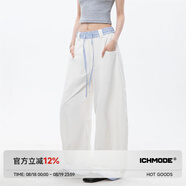ICH MODE休閑褲女美式格紋拼接休閑褲女夏季寬松闊腿褲慵懶風(fēng)直筒彎刀褲 白色 S