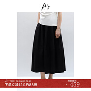 H's高支高密全棉半身裙女25夏新款A(yù)字傘裙抽繩松緊腰通勤花苞腰裙 黑色 L