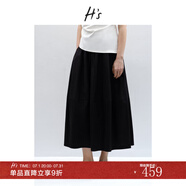 H's高支高密全棉半身裙女25夏新款A(yù)字傘裙抽繩松緊腰通勤花苞腰裙 黑色 L