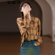 安婭詩格子襯衫女秋款韓版寬松大碼蝙蝠袖襯衣女長袖外穿棉紗開衫上衣 咖黃色格紋 均碼