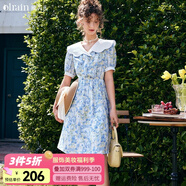 Olrain法式穿搭碎花連衣裙女夏季收腰顯瘦娃娃領(lǐng)裙子中裙 花色 M 160/84A