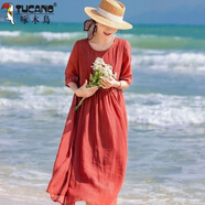 啄木鳥(niǎo)新款文藝復古媽媽刺繡連衣裙夏大碼女裝圓領(lǐng)顯瘦棉麻長(cháng)款大擺裙子 紅色 L 建議100-120斤