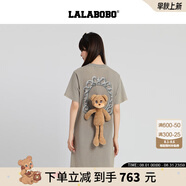 拉拉波波【玩偶熊系列】LALABOBO25年T恤連衣裙夏新款女原創(chuàng)短袖 印花裙子 灰色 M
