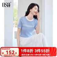 歐莎（OSA）拼接撞色圓領(lǐng)針織衫女氣質(zhì)顯瘦套頭衫2025年夏季新款T恤上衣薄款 藍(lán)色 L
