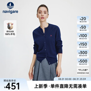 Navigare意大利小帆船毛衣外套女士秋冬款純羊毛圓領(lǐng)羊毛衫氣質(zhì)針織開衫 藏青 S