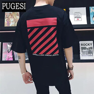 普戈斯（PUGESI）7分袖T恤男韓版潮流學(xué)生寬松五分中袖上衣服男裝短袖男t恤蝙蝠袖 五分袖紅方形黑色 M75-95斤