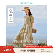 茵曼（INMAN）純棉復古連衣裙2025夏季女裝新品立體碎褶分割短袖A字長裙子 軍綠色 S