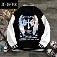 UOOROSE  廣州棒球服vintage棒球服男潮牌寬松單排扣外套春秋季印花港風(fēng) 十字架翅膀 黑拼白棒球服(單層) 常規(guī) XL 建議(120-140斤)