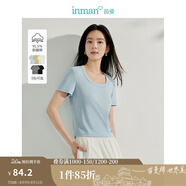 茵曼（INMAN）撞色羅紋棉女裝U領短袖T恤修身氣質休閑通勤2025夏季新款短款上衣 蝶翅藍 -18518134 L