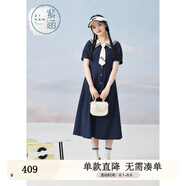 紫涵（ZIHAN）紫涵學(xué)院風(fēng)海軍領(lǐng)連衣裙女夏季日系短袖寬松收腰中長(zhǎng)裙子 藏青 S