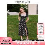 VEGA CHANG碎花連衣裙女2025年夏季方領(lǐng)法式小眾泡泡袖下擺開叉茶歇印花裙子 花色（長款） L