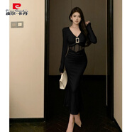 皮爾卡丹欲性感白色V領(lǐng)長袖連衣裙女秋冬感晚禮服修身包臀魚尾長裙 黑色【配大衣/內(nèi)搭/打底/秋季穿 S
