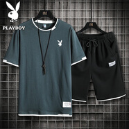 花花公子（PLAYBOY）運(yùn)動(dòng)套裝男半袖短褲套裝休閑兩件套青少年寬松夏季套裝男裝透氣 牛仔藍(lán)色套裝 3XL （150斤-165斤）