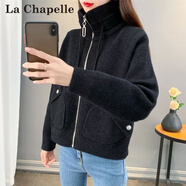 拉夏貝爾（La Chapelle）秋冬短款小個子女高腰拉鏈毛呢風(fēng)針織開衫外穿60字符 黑色 M 建議95-115斤