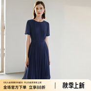 顏域（YANYEE）短袖百褶連衣裙2024夏天新款女裝氣質(zhì)女神范收腰顯瘦氣質(zhì)a字裙 深藍(lán) S/36