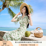 香影（xiangying）碎花v領(lǐng)連衣裙女2025夏季新款度假風(fēng)系帶收腰泡泡袖雪紡裙子 綠色 S