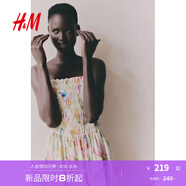 H&M女裝無(wú)領(lǐng)連衣裙2025夏季新款無(wú)袖縮褶植物印花吊帶長(zhǎng)裙1275861 奶油色/花卉 L 170/104