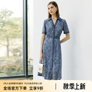 顏域（YANYEE）短袖夏季連衣裙女2024新款輕熟風收腰顯瘦勾花鏤空蕾絲襯衫裙 藍色 S/36