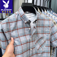 花花公子2025年夏季100%純棉拉毛短袖男襯衫新爸爸穿休閑無鐵格子棉襯衫 淺灰 41 建議150-165斤