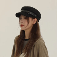 卡姿希（KAACECHY）帽子女款八角帽貝雷帽百搭復古英倫風(fēng)大小頭圍鴨舌帽 拼接皮扣款-黑色_春秋冬三季百搭 M(55-59cm)