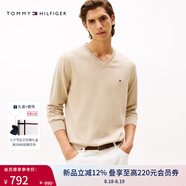 TOMMY HILFIGER【柔軟純棉】25秋冬男撞色條紋學院風針織衫/情侶款純色毛衣 【純色V領】卡其色HEA XS （推薦：120斤以下）