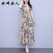 水畔衣人高檔碎花雪紡連衣裙女2025夏季新款時(shí)尚氣質(zhì)收腰顯瘦大擺長(zhǎng)裙子 花色 3XL（130-140斤）
