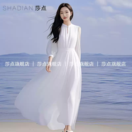 2025新款法式薄紗白色連衣裙女夏氣質(zhì)收腰海邊度假雪紡長裙沙灘裙 白色立領(lǐng)鏤空187洋裝 XXS S