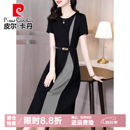 皮爾卡丹端莊大氣連衣裙女士高級感小黑裙2025新款夏季媽m氣質(zhì)雪紡長(cháng)裙子 黑灰色短袖 3XL 【130-145斤】
