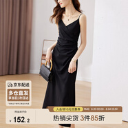 尚都比拉設(shè)計(jì)感抽褶收腰顯瘦中長(zhǎng)款V領(lǐng)吊帶連衣裙夏季修身小黑裙 黑色 S 