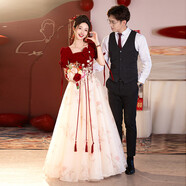馨瑞緣（XINRUIYUAN）敬酒服新娘2025新款短袖法式訂婚結(jié)婚宴會(huì)高端氣質(zhì)夏季禮服女 酒紅色076短袖 L (胸圍89腰圍73)(110斤-120斤