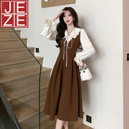 JEZE2025新款法式翻領(lǐng)氣質(zhì)連衣裙子女春秋款撞色假兩件黑色赫本風(fēng)長(cháng)裙 淺咖拼杏【z】 4XL 建議160-180斤
