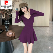 皮爾卡丹（pierre cardin）淺白色針織長(cháng)袖連衣裙女秋季富家千金大衣內搭打底包臀毛衣蓬蓬裙 紫紅色 M