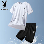 花花公子（PLAYBOY）短袖T恤男套裝男休閑兩件套半截袖短褲子夏季休閑運動(dòng)男透氣寬松 白色 2XL （150斤-170斤）