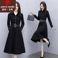 皮爾卡丹（PIERRE CARDIN）長袖大碼連衣裙女春秋2025新款收腰顯瘦中長款中年媽媽氣質(zhì)襯衫裙 黑色不加絨 L  101-115斤