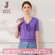 經(jīng)典故事（JANE STORY）經(jīng)典故事蝴蝶結(jié)系帶針織衫女2024夏季新款肌理感格紋上衣短袖小衫 紫色 M