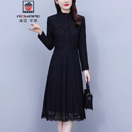 AEMAPE黑色長袖蕾絲連衣裙女高級(jí)感秋2025冬季新款加絨加厚氣質(zhì)打底裙子 黑色 5XL 【165-180斤】