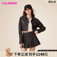 拉拉波波成夢(mèng)鑫同款LALABOBO新款翻領(lǐng)字母女時(shí)尚短款復(fù)古牛仔夾克機(jī)車外套 黑牛仔 常規(guī) S 