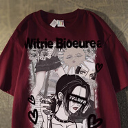 嬿語(yǔ)重磅復古暗黑痞帥歐美短袖t恤 男女酒紅色ins顯白氣質(zhì)潮 酒紅色 S