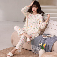 依妮衫人棉綢長(zhǎng)袖睡衣女士家居服柔軟春夏季長(zhǎng)袖V領(lǐng)綿綢套裝新款 米黃彩色花朵 L