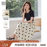 熙世界（sllsky）假兩件波點(diǎn)連衣裙2025秋季新款流行氣質(zhì)短袖圓領(lǐng)拼接裙子女裝 杏底黑色波點(diǎn) L