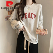 皮爾卡丹（pierre cardin）無帽衛(wèi)衣女春秋薄款2025新款學(xué)生寬松長袖韓國情侶裝上衣外套潮牌 淺灰色-pe紅字【春秋薄款】今年 XL